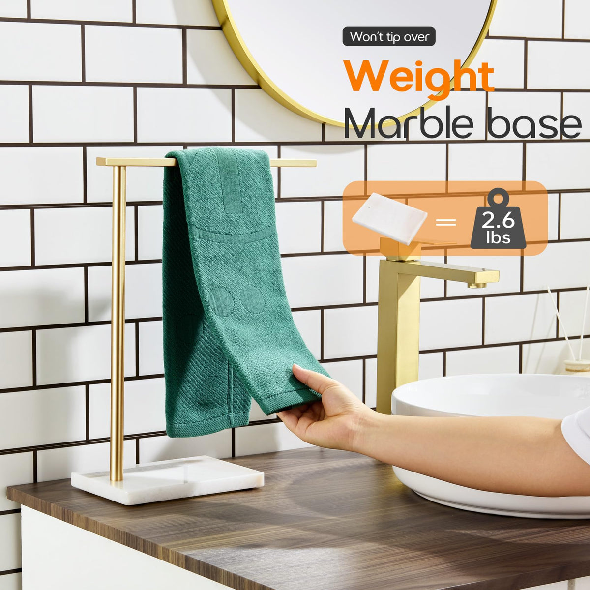 AONEON Hand Towel Bar for Bathroom Vanity Countertop 1-Tier Towel Holder Free Stand with Heavy Marble Base Thicken Steady, Gold Stainless Steel AN7002GD