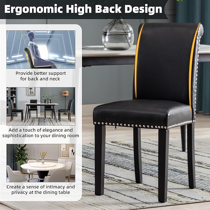Westice Dining Room Chairs Set of 2 Upholstered PU Leather Kitchen Chairs Dining Room Side Chair with Nailhead Trim and Rubber Wood Legs for Small Space Apartment, Black