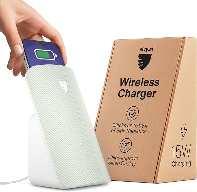 Elvy Fast Qi Wireless Charger for Cell Phones - Designed with EMF Management Technology for Enhanced Charging Advanced Environmental Shielding (Black)