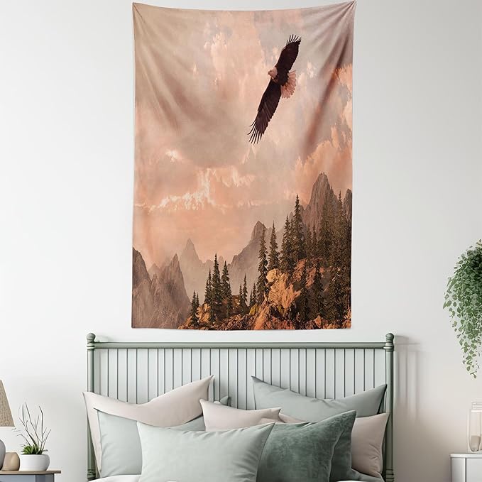 Ambesonne Eagle Tapestry, Nature Photography of Rocky Mountains and Forest a Bird Flying over It, Fabric Wall Hanging Decor for Bedroom Living Room Dorm, 23" X 28", Rose Green