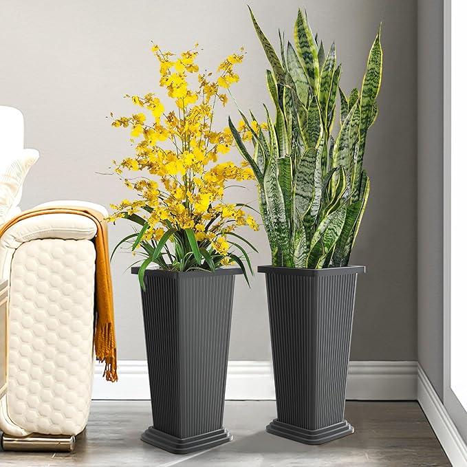 Set of 2 Tall Planters, 24" Large Indoor Outdoor Flower Pots with Tray, Modern Tapered Planters for Porch, Patio, Garden, Backyard