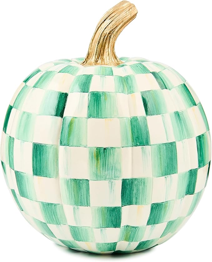 MACKENZIE-CHILDS Pumpkin, Resin Halloween and Fall Decor, Small, Green-and-White Emerald Check