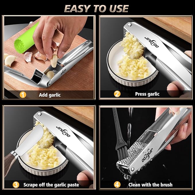 JINGTOO Garlic Press Stainless Steel, Premium Garlic Mincer No Need to Peel
