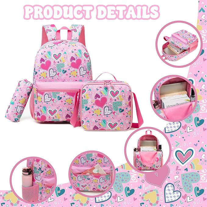 Kids Backpacks for Girls School Backpack for Kids Backpack with Lunch Box Bookbag for Girls Preppy Aesthetic Backpacks Back to School Supplies Kit