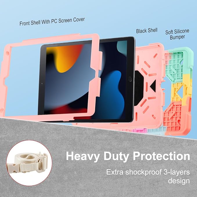Case for iPad 9th Generation (2021) /iPad 8th Gen (2020)/iPad 7th Gen (2019) Military Grade Shockproof iPad Case Built-in 360°Rotating Stand/Pen Slot/Shoulder Strap for iPad 10.2 (Black)