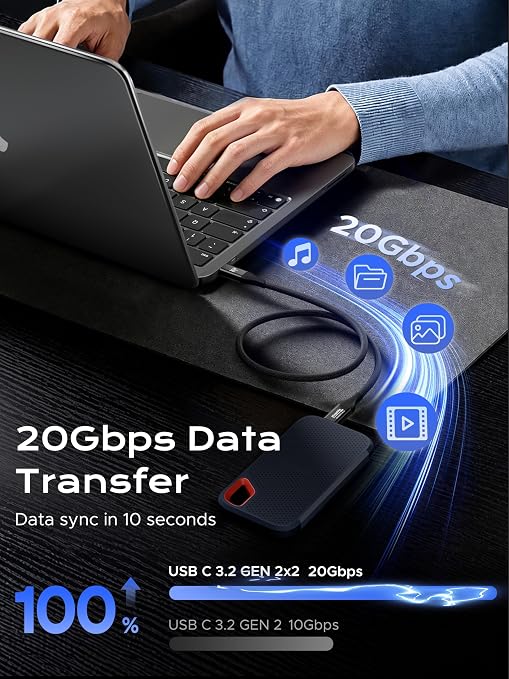 Plugable Short Braided USB C Monitor Cable 1FT 4K@144Hz/8K Video Output | USBC 3.2 Gen 2X2 Display Cable 20Gbps Data Transfer 240W PD Charging Fit for Portable Monitor SSD MacBook iPhone 17