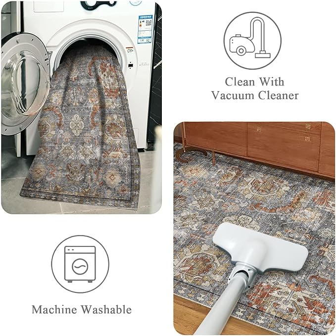 RUGSURE Washable Area Rugs - Perfect for Living Room, Bedroom, Kids Room, Nursery - Stain & Water Resistant Non-Slip, Pet & Child Friendly, Vintage Tribal Area Rugs (Turmeric and Grey, 8' x 10')