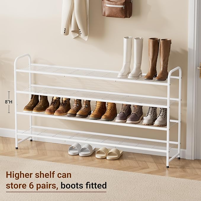 KEETDY 4-Tier Long Shoe Rack for Closet Floor, Wide Shoe Organizer Storage, Stackable Shoe Rack for Entryway Metal Shoe Shelf for 30 Pairs Men Sneakers with Wire Grid for Bedroom, White