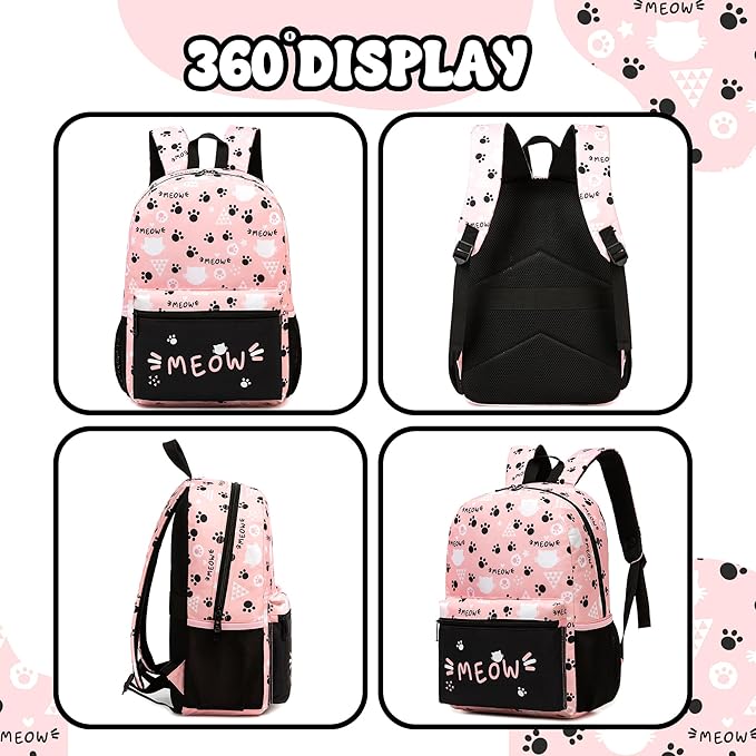Backpack for School Kids Backpacks for Girls Bookbag Set Backpacks for Teen Girls with Lunch Box Pink Cat Preppy Backpack for School