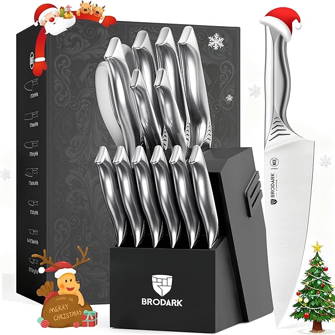 BRODARK 15PCS Kitchen Knife Set with Block and Built-in Sharpener, Shark