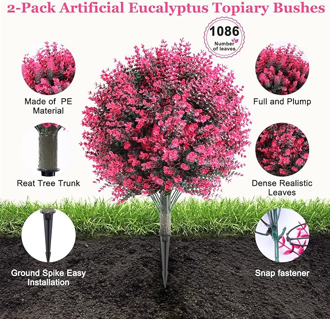 24" Set of 2 Artificial Boxwood Topiary Ball Bush for Outdoor with Ground Spike, UV Resistant Faux Greenery Shrubs, Fake Rose&Green Boxwood Plants for Garden, Yard, Porch, Patio Decor