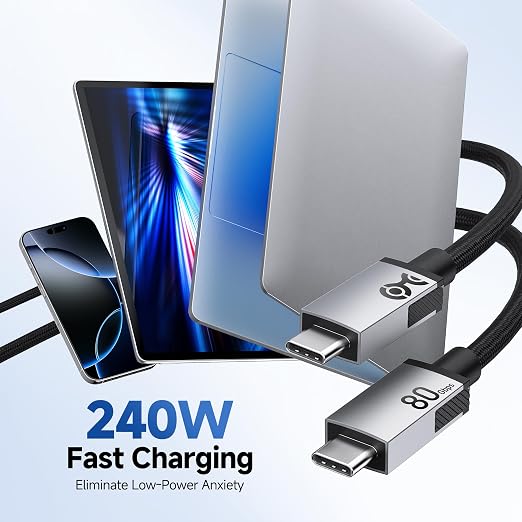 Cable Matters 80Gbps Rugged Braided USB4 Cable 1ft / 0.3m Black | [8K@120Hz / 4K@480Hz Video 240W Charging 80Gbps Data Transfer] Thunderbolt 5/4 Compatible