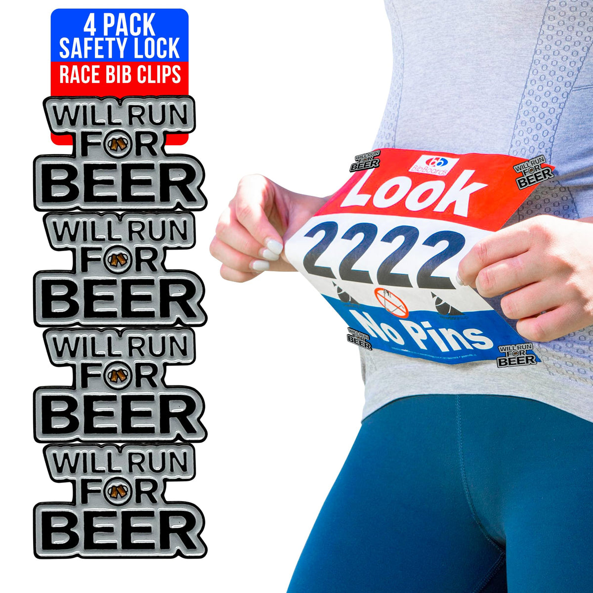 BibBoards bibSNAPS Race Bib Clips, Will Run for Beer, 4 Pack