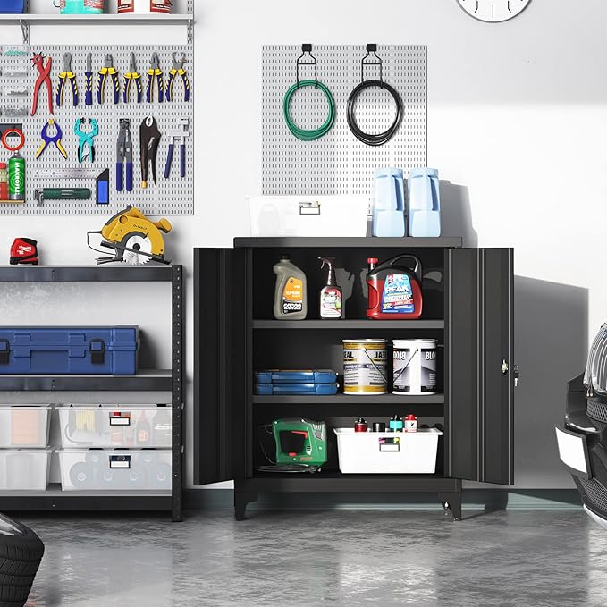 SONGMICS Garage Cabinet, Metal Storage Cabinet with Doors and Shelves, for Home Office, Garage and Utility Room, Black UOMC013B01