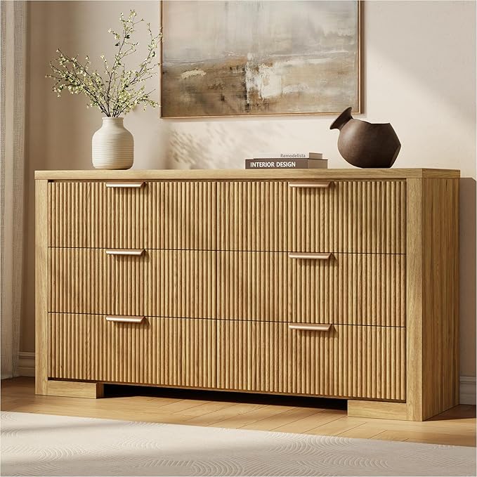 Fluted 6 Drawers Dresser for Bedroom, 54" Modern Chest of Drawers with Metal Handle, Wood Closet Clothes Storage Organizer for Living Room, Hallway, Entryway, Natural Oak