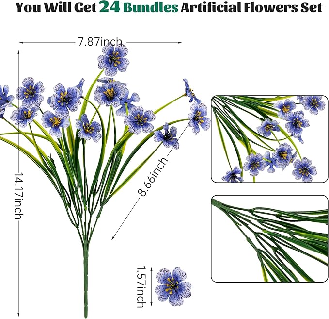 Lnoicy 24 Pcs Artificial Flowers for Outdoor,Plastic Flowers Decoration, UV Resistant Faux Flowers Shrubs, Artificial Plants for Indoor Outside Garden Home Wedding Farmhouse(Blue)
