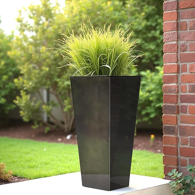 Worth Garden 28" Large Metal Glazed Planter Set of 2, Luxurious Glossy Finish Black Tall Square Tapered Steel Plant Pots, Decor Flower Pot Indoor & Outdoor, Drainage Hole & Dual-Purpose Plant Saucer