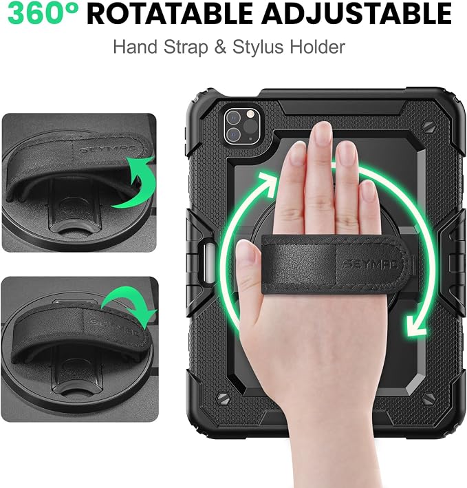 SEYMAC Case for iPad Pro 11 4th/3rd/2nd/1st Gen 2022-2018 Black | Full-Body Shockproof Protective Built-in Screen Protector 360° Rotating Stand Hand/Shoulder Strap Pencil holder