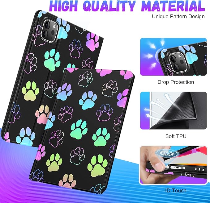 Uppuppy for iPad Pro 12.9 Case Kids Folio PU Leather Cover with Apple Pencil Holder Auto Sleep/Wake Adjustable Angles for iPad Pro 12.9 6th/5th/4th/3rd Gen Sun Moon Black
