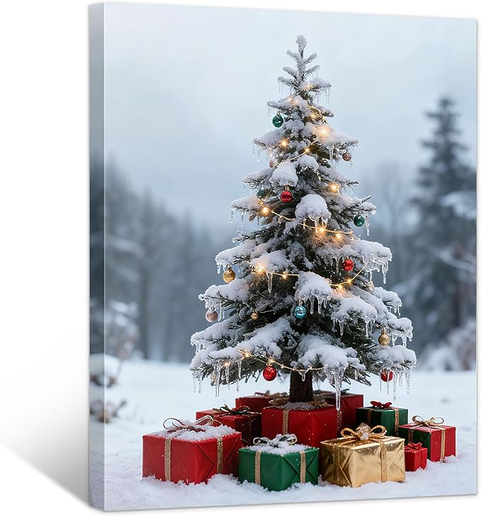 Framed Christmas Pictures Wall Decor,Vintage Pine Tree Prints,Winter Christmas Canvas Wall Art Decoration for Bedroom Bathroom Living Room Rustic Xmas Holiday Gifts (Christmas Tree 11, 12'' X 16'')