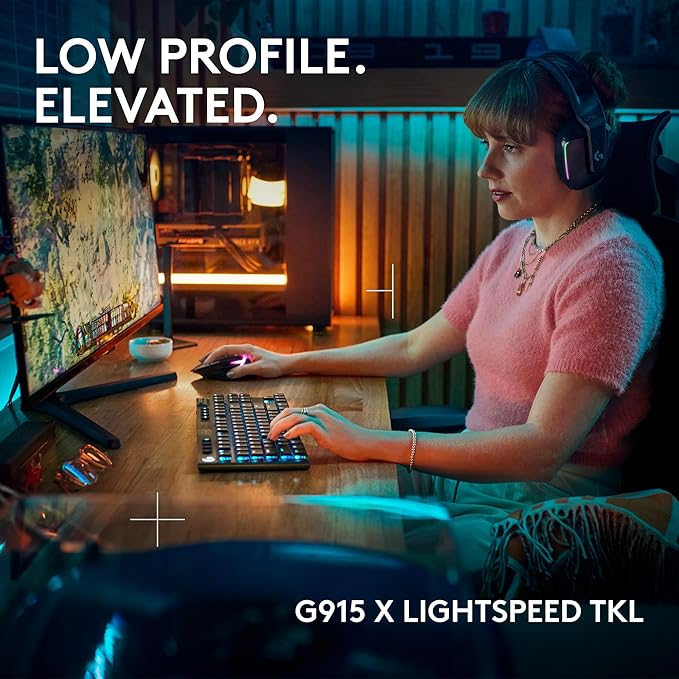 Logitech G915 X Lightspeed TKL Low-Profile Wireless Gaming Keyboard, Double-Shot PBT Keycaps, Fully Programmable Keys, RGB Backlighting, Sleek Aluminum Finishing, GL Red Linear - PC/Mac - Black