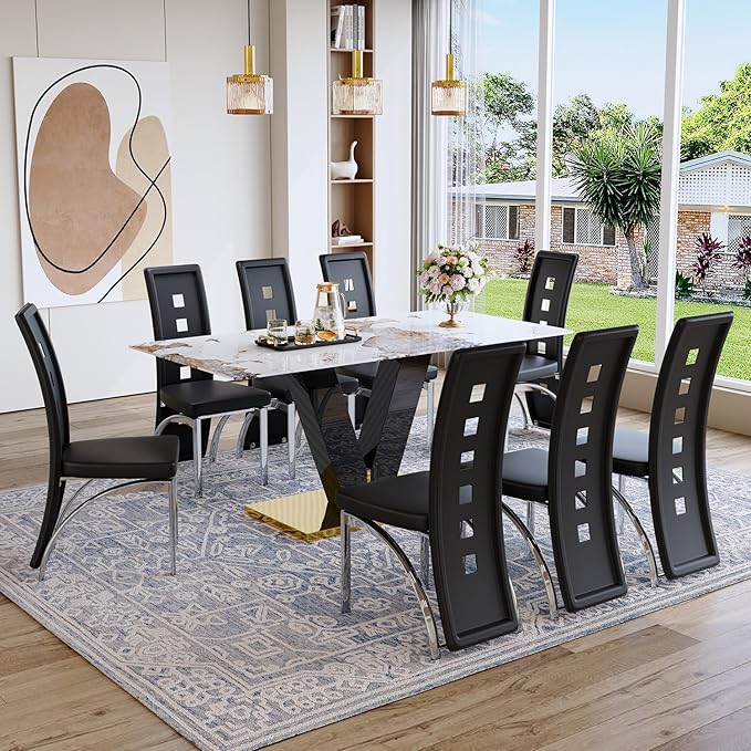 71'' Dining Table Set for 8,Rectangular Dining Room Table Set for 8,Marble Dining Table with 8 PU Leather Dining Chairs,Gold Dining Room Table with Glossy V-Shaped Base Ideal for Kitchen