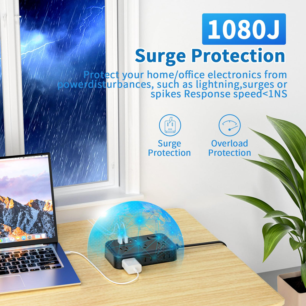 NTONPOWER Surge Protector Power Strip with 6 Outlets 4 USB Charging Station(2 USB C Port), 5 Ft Flat Extension Cord, Outlet Extender for Indoor, Home, Office Supplies, Dorm Room Essentials, Black