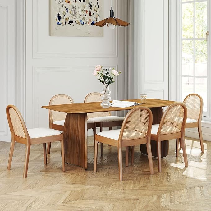 LukeAlon Modern Sherpa Dining Chairs Set of 2, Natural Woven Rattan Cane Back Side Chairs with Solid Wood Legs Mid Century Dinner Chairs for Kitchen Living Room, White
