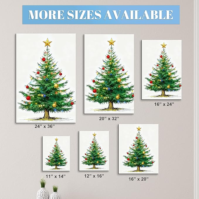 Framed Christmas Pictures Wall Decor,Vintage Pine Tree Prints,Winter Christmas Canvas Wall Art Decoration for Bedroom Bathroom Living Room Rustic Xmas Holiday Gifts (Christmas Tree 7, 16'' X 20'')