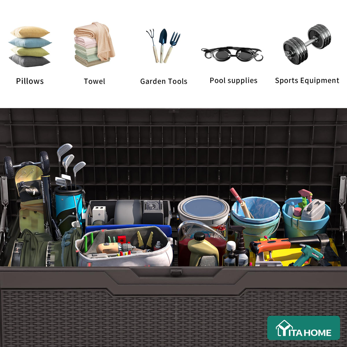 YITAHOME 80 Gallon Resin Deck Box, Weather Resistant Outdoor Rattan Storage Box, Lockable Indoor Outdoor Storage for Supplies and Essentials, Dark Brown