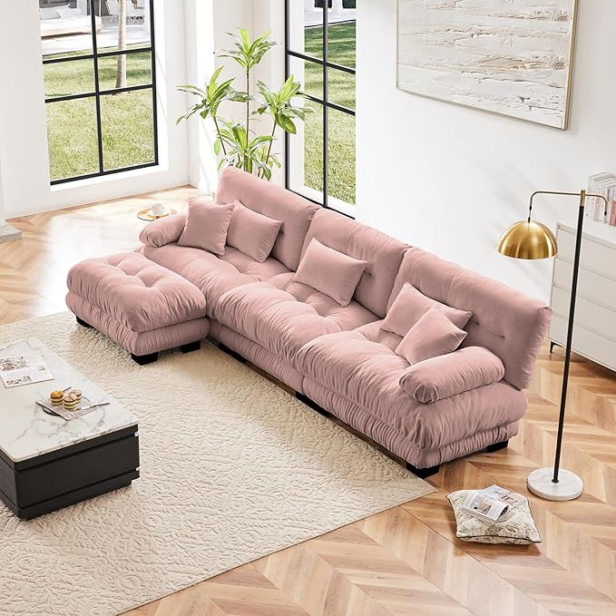 133.8" Oversized Couch, 3 Seater Modular Sectional Sofa, Pink Large L Shaped Sectional Fluffy Couch Set, Chenille Cloud Couch with Ottoman, Deep Seat Sofas for Living Room
