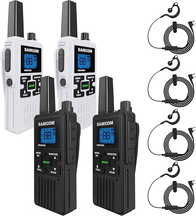 SAMCOM FWCN30A Group Walkie Talkies Long Range, Rechargeable 1250mAh Battery 22 FRS Channel Two Way Radios with Earpieces for Adults, Handheld Walky Talky with 2 in 1 USB Cable,4 Packs