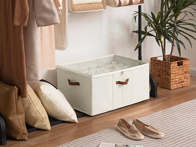 StorageWorks Shoe Organizer for Closet, Fits up to 24 Pairs, Shoe Cubby Storage Containers with Adjustable Dividers and Clear Cover, Beige