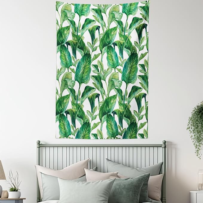 Ambesonne Leaf Tapestry, Romantic Holiday Island Hawaiian Banana Trees Watercolored Image, Fabric Wall Hanging Decor for Bedroom Living Room Dorm, 30" X 45", Forest Green