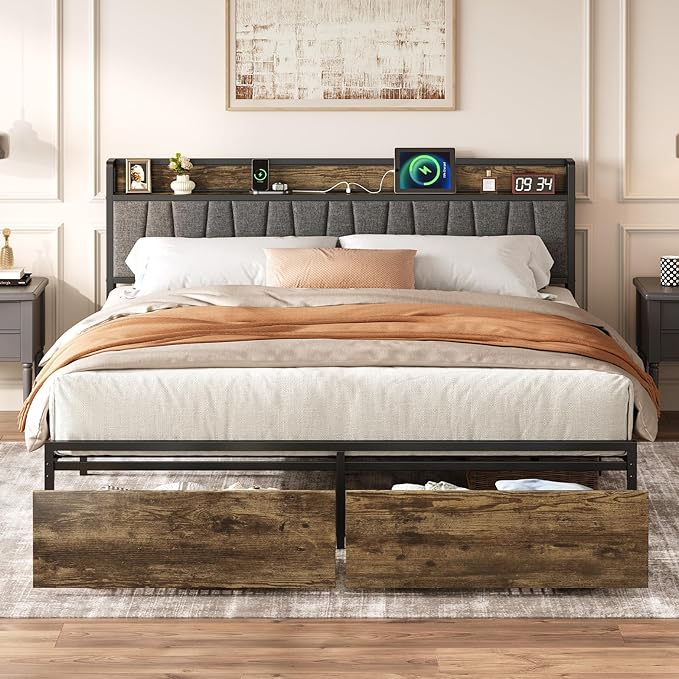 King Size Bed Frame with Storage Drawers and Charging Station, Upholstered Headboard Metal Platform Bed with USB Ports, No Box Spring Needed, Easy Assembly, Dark Brown