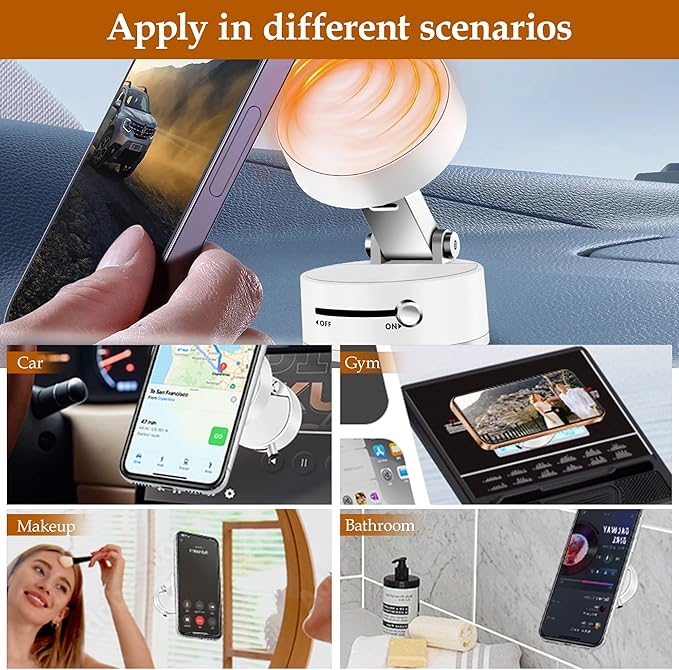 Foldable Vacuum Magnetic Suction Phone Holder,Retractable Magnetic Car Cellphone Holder,Hands-Free Portable Multifunctional Vacuum Suction Phone Mount for Car, Mirror, Gym, Kitchen (White)