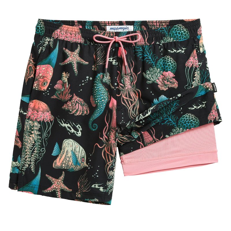 maamgic Mens Swim Trunks with Compression Liner 7 Inch Inseam Mens Bathing Suit Quick Dry Swimming Trunks Swimsuit Submarine Pink Black Medium