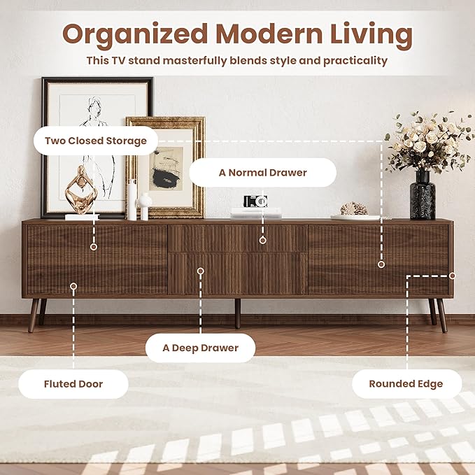 Merax Mid Century 70" TV Stand, Modern Entertainment Center for TVs up to 80", Media Console with Storage, 2 Cabinets & 2 Drawers for Living Room, Office