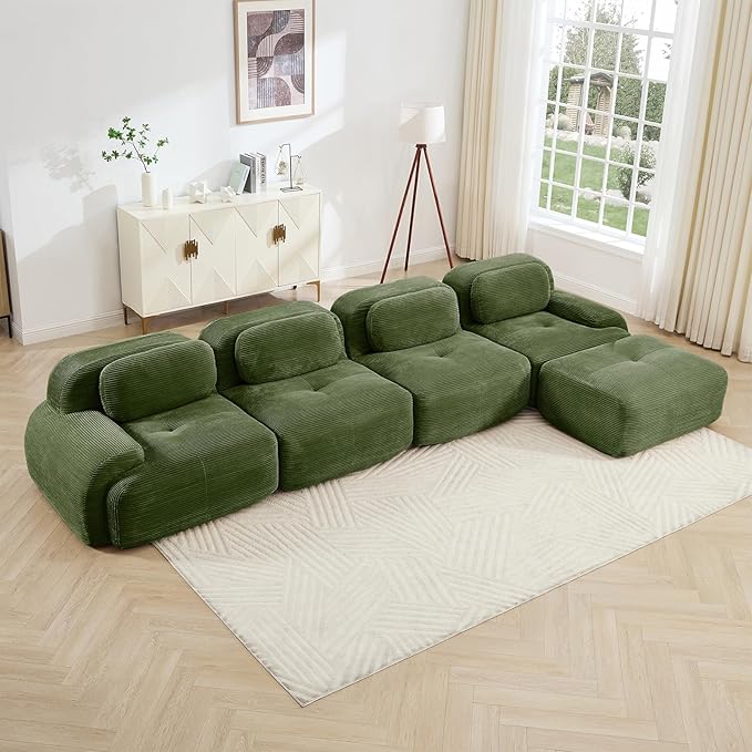 Green Ottoman for Modular Sectional Sofa, Corduroy Deep Seat for Oversized Compressed Boneless Sectional Couches for Living Room Bedroom Apartment, Cloud Sofa Couch, Memory Foam, No Assembly