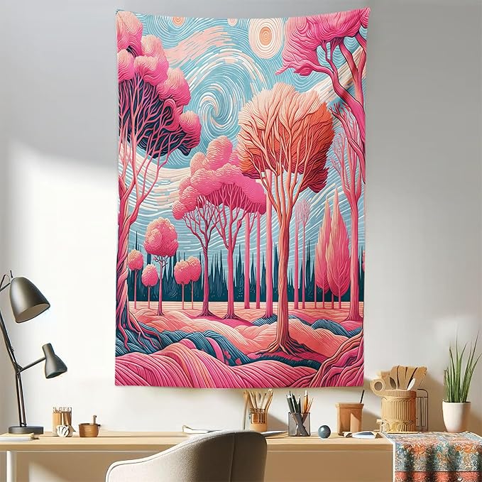 Ambesonne Trees Tapestry, Surreal Post-Impressionism Themed Woodland of Dreamy Sky and Tree Pattern, Fabric Wall Hanging Decor for Bedroom Living Room Dorm, 30" X 45", Pink Coral Blue Grey