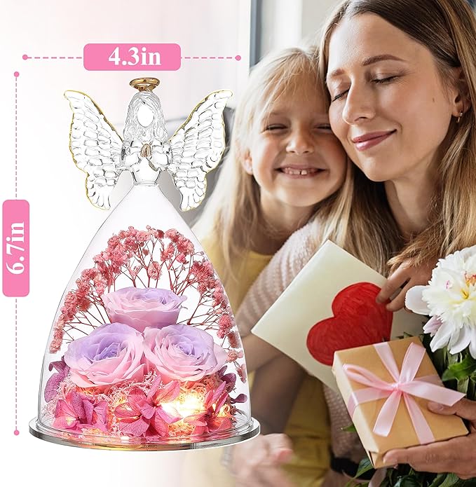 Ocosy Mothers Day Rose Gifts for her, Large Angel Rose Gifts for Women, Forever Real Roses in Angel Figurines, Angel Guardian with Roses Flower,PinkPurplePink