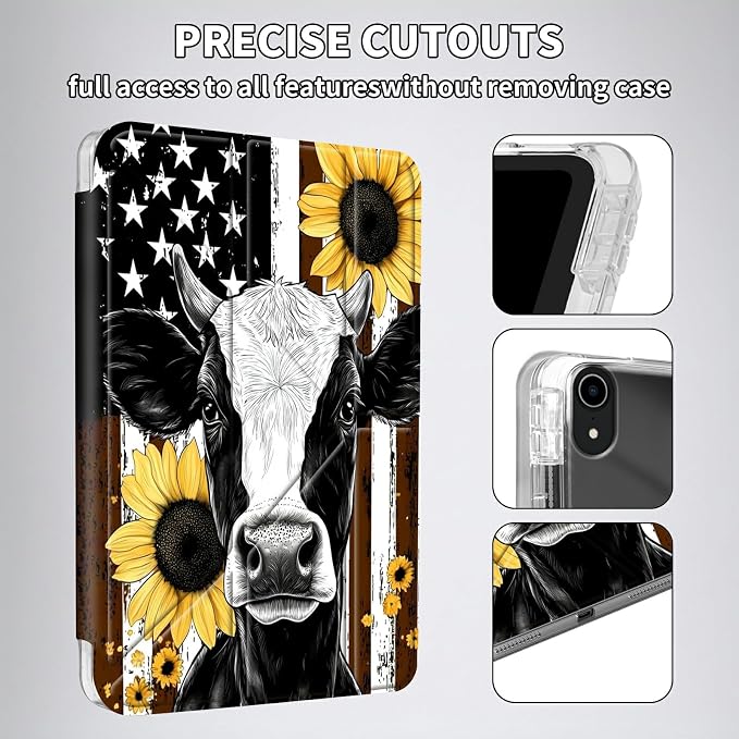 for iPad 10.2 &amp 10.5/iPad 9th/8th/7th Generation 10.2 2021 2020 2019 Case Mutil Angles Folding Y-Shaped Stand Cover with Pencil Holder Auto Wake/SleepAmerican Flag and Cow