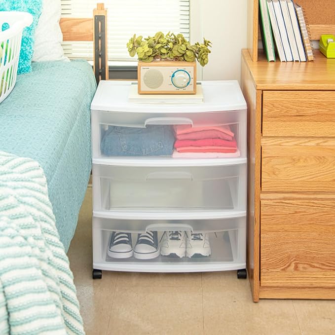 Sterilite 2-Pack 3-Drawer Wide Storage Organizer Cart, Rolling Container w/Wheels, White - Organizing Containers for Bathroom, Closet, Kitchen, and Bedroom