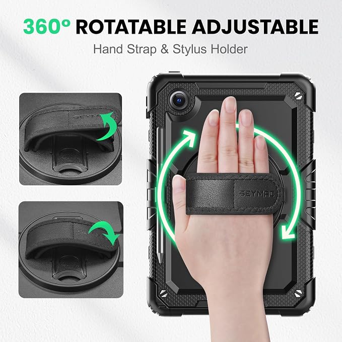 SEYMAC Case for Lenovo Tab M11/K11 11 Inch Black | Heavy Duty Shockproof Protective Built-in Screen Protector 360° Rotating Stand Hand/Shoulder Strap
