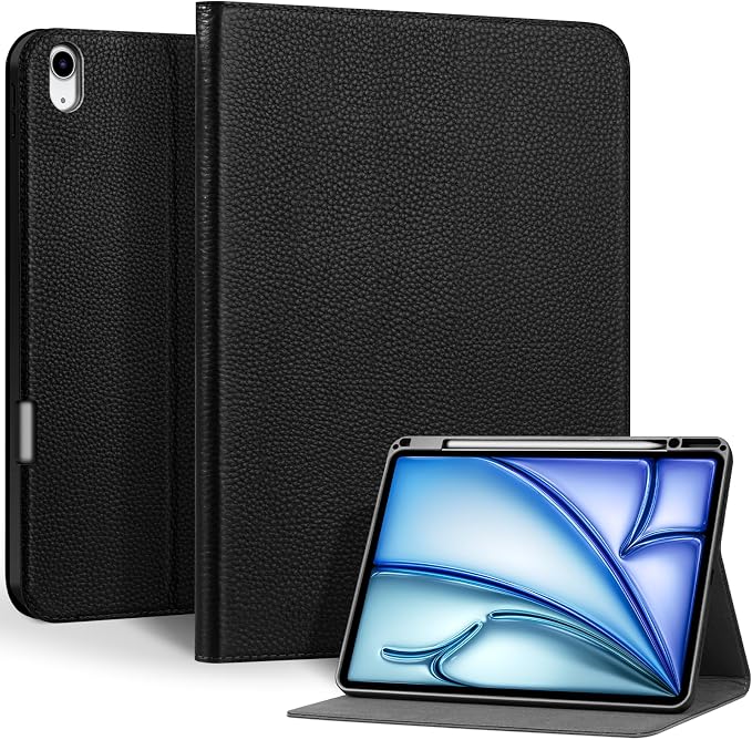 Genuine Leather Case for iPad 11th Gen 11/10th Gen 10.9 Black | Pencil Holder Adjustable Stand Auto Wake/Sleep Shockproof