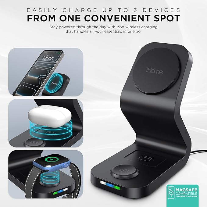 iHome 15W 3-in-1 Magnetic Wireless Charging Stand, MagSafe Compatible, Charges Up to 3 Devices
