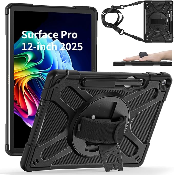 ZenRich Rugged Case for Microsoft Surface Pro 12 (2025)12 inch | Shockproof Hard Protective Case with 360 Rotating KickstandPen Holder and Hand Strap Compatible with Type Cover Keyboard