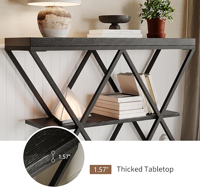 Garvee 3-Tier Entryway Table, Industrial Console Sofa Table with Storage, Accent Table with Open Shelves, X-Shaped Metal Frame, Foyer Table for Entryway, Hallway, Black