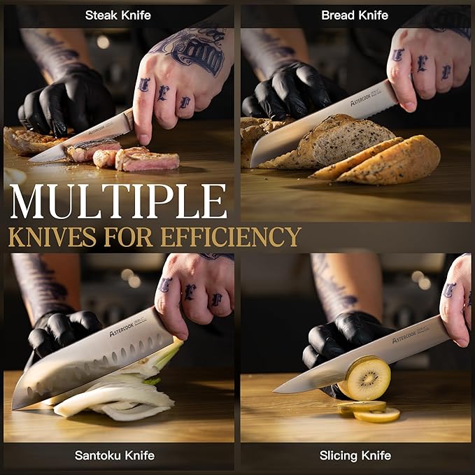 Astercook 17-Piece Knife Block Set with Built-in Sharpener, German Stainless Steel Full Tang Kitchen Knives, Ergonomic Walnut Handle Cutlery Set for Home Cooking & fathers day gift for Dad