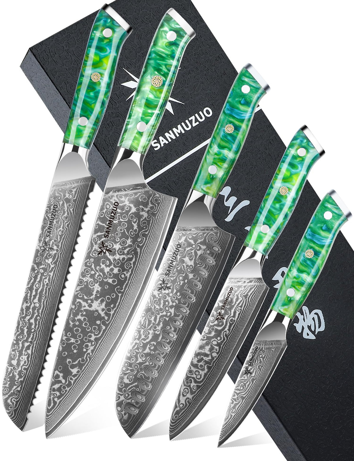 SANMUZUO Chef Cooking Knives Set- Kitchen Knife Set of 5 Piece - Ultra-Sharp VG10 Damascus Steel & Resin Handle - Xuan Series (Jade Green)